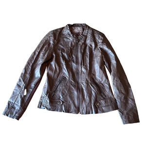 SEBBY COLLECTION WOMEN'S FAUX LEATHER MATERIAL PANEL MOTOBIKER JACKET BROWN SML